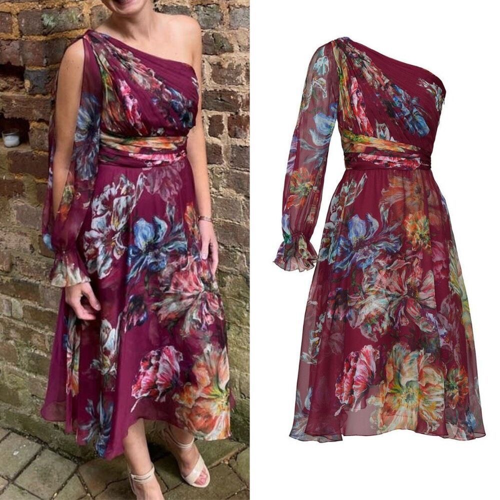 Marchesa Notte Burgundy Floral Print One Shoulder Chiffon Midi Dress Size 2‎